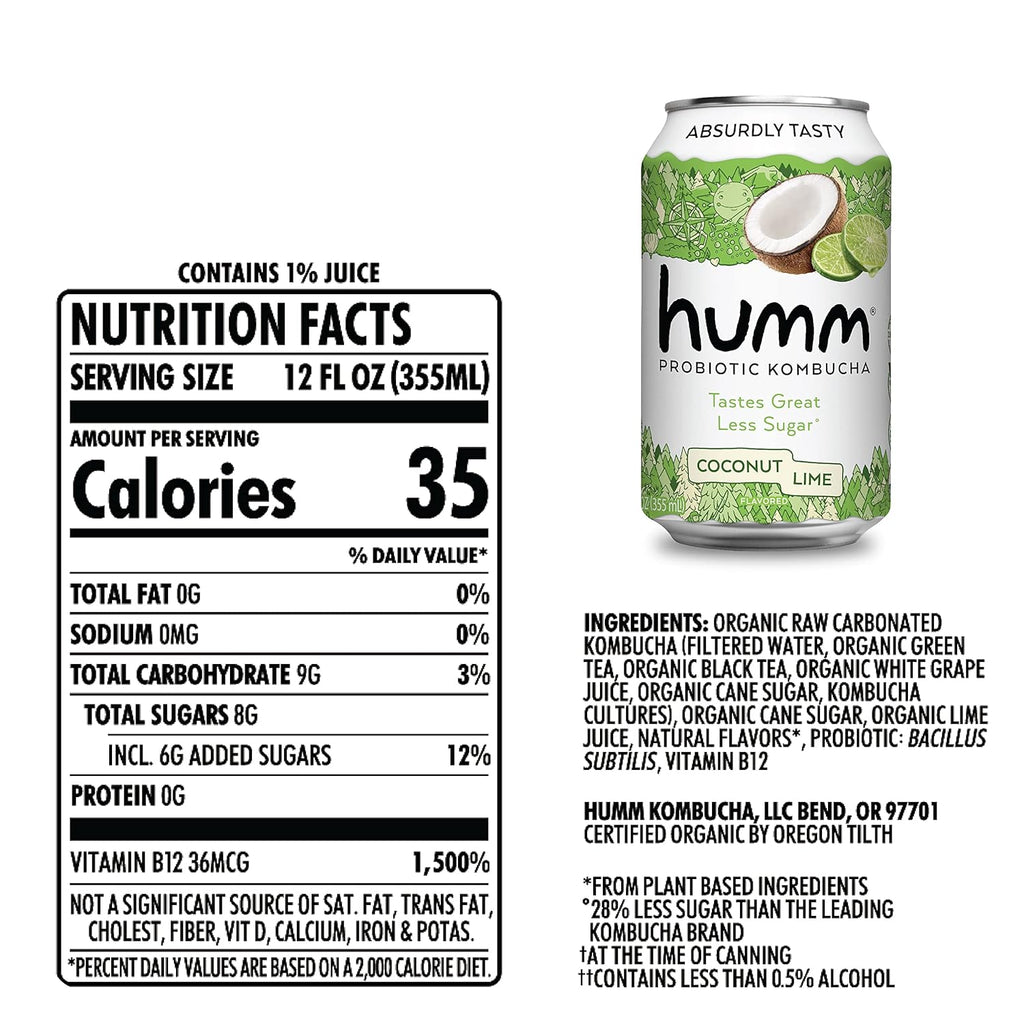 Humm Kombucha Coconut Lime, Organic, Vegan & GMO Free (12 Pack)