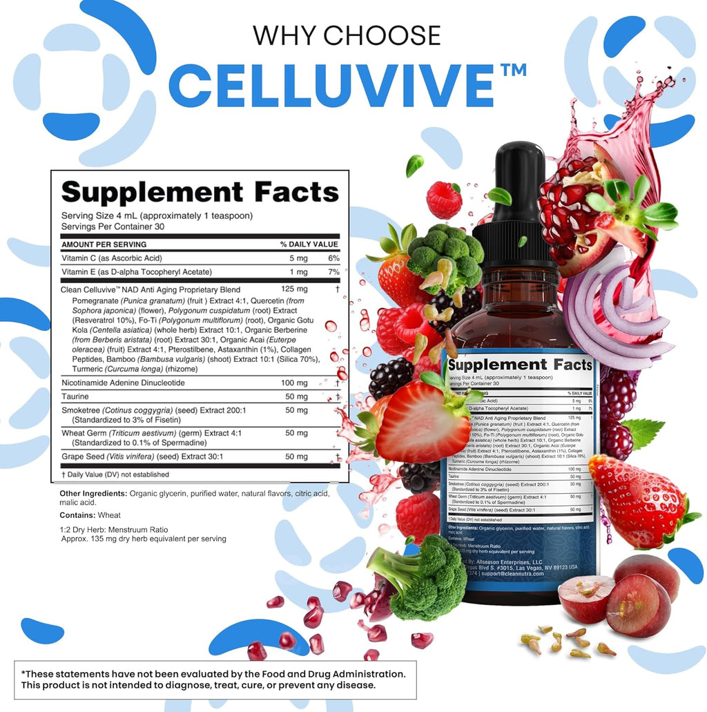 Clean Nutra NAD Liquid Supplement Drops Resveratrol Polyphenols Liposomal Taurine Fisetin Grape Seed Extract Japanese Knotweed Fo Ti Anti Aging NAD+ Nicotinamide Adenine Dinucleotide for Women & Men