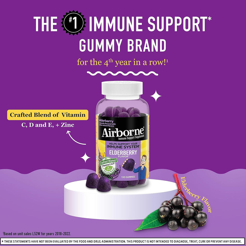 Airborne Elderberry + Zinc & Vitamin C Gummies for Adults, Immune Support with Antioxidants Vitamins C, D & E, 130 Count, Elderberry Flavor