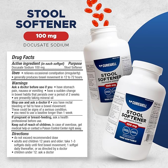 Stool Softener Docusate Sodium 100mg Softgels (1000 Count) | Gentle Non-Stimulant Laxative for Constipation & Irregularity | Comfortable Constipation Relief Stool Softener for Men & Women