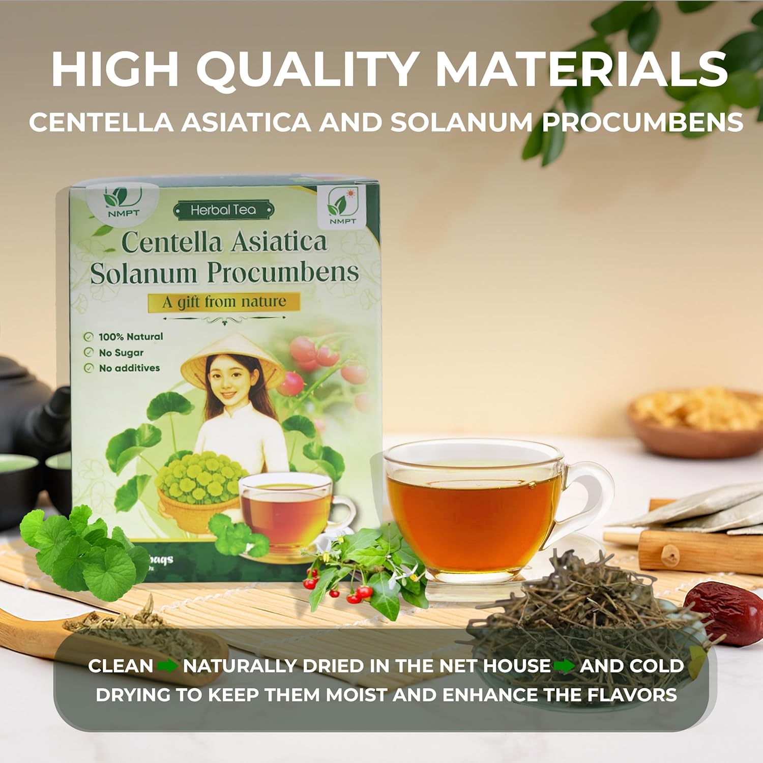 NMPT Dried Centella Asiatica Solanum Procumbens Tea, Handpicked and Handmade, 40 Sachets, Cold-Dried, Gluten-Free, No Added Sugar, Mild Sweet Flavor, Supports Overall Health