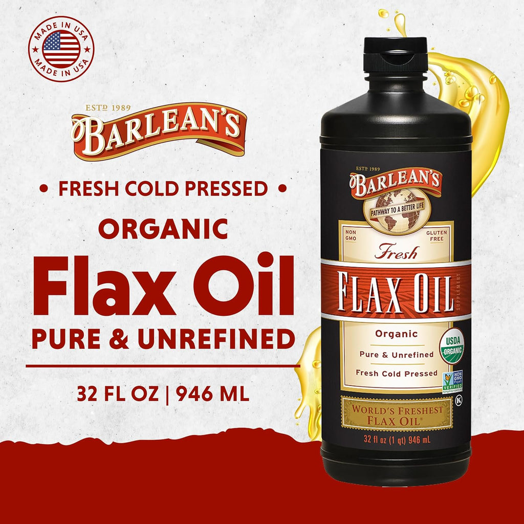 Barlean's Organic Flaxseed Oil Liquid, Cold Press Flax Seeds, 7,640mg ALA Omega 3 Fatty Acid Supplement for Joint and Heart Health & Healthy Digestion, 32 oz
