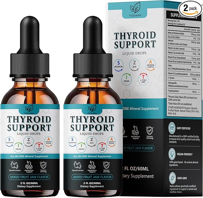 （2 Pack）Thyroid Support For Women And Men Liquid Drops，Thyroid Drops With Selenium Zinc Iodine L-Tyrosine Ashwagandha For Energy & Metabolism Support, Hormone Balance,Vegan，Additives Free - 4 Fl. Oz
