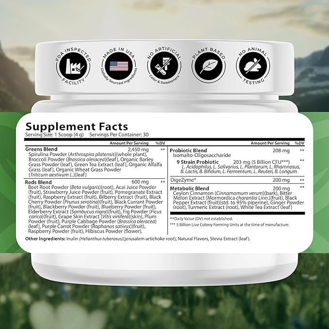 Greens Superfood Powder - 46 Superfoods, Probiotics & Enzymes for Gut Health, Metabolism & Energy - Vegan Green Powder Blend, 1 Bottle - 30 Servings