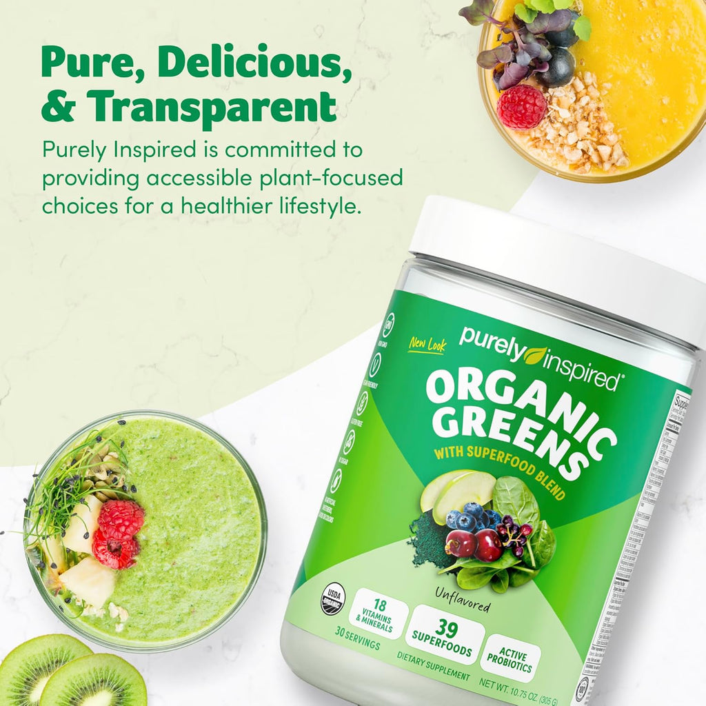 Purely Inspired Organic Greens Powder Superfood Smoothie Mix, Unflavored (30 Servings) - Super Greens with Probiotics, Spirulina & Chlorella for Gut & Digestive Health - Vegan & Gluten-Free