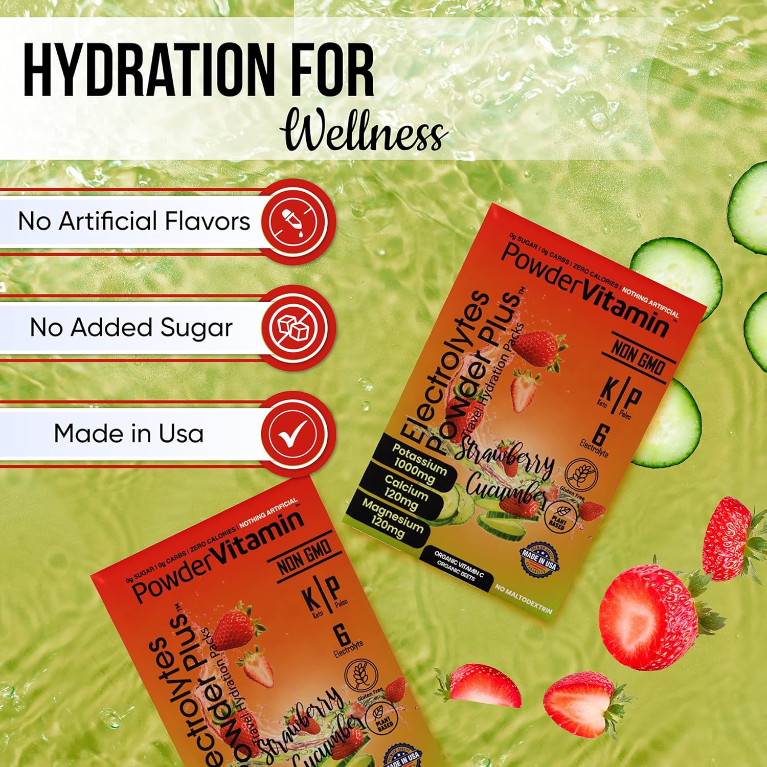 PowerVitamin Electrolytes Powder Packets - Strawberry Cucumber - Keto Electrolytes for Daily Energy - Hydration Powder with 1000mg Potassium, 120mg Magnesium, Zero Calories - 30 Hydration Packets