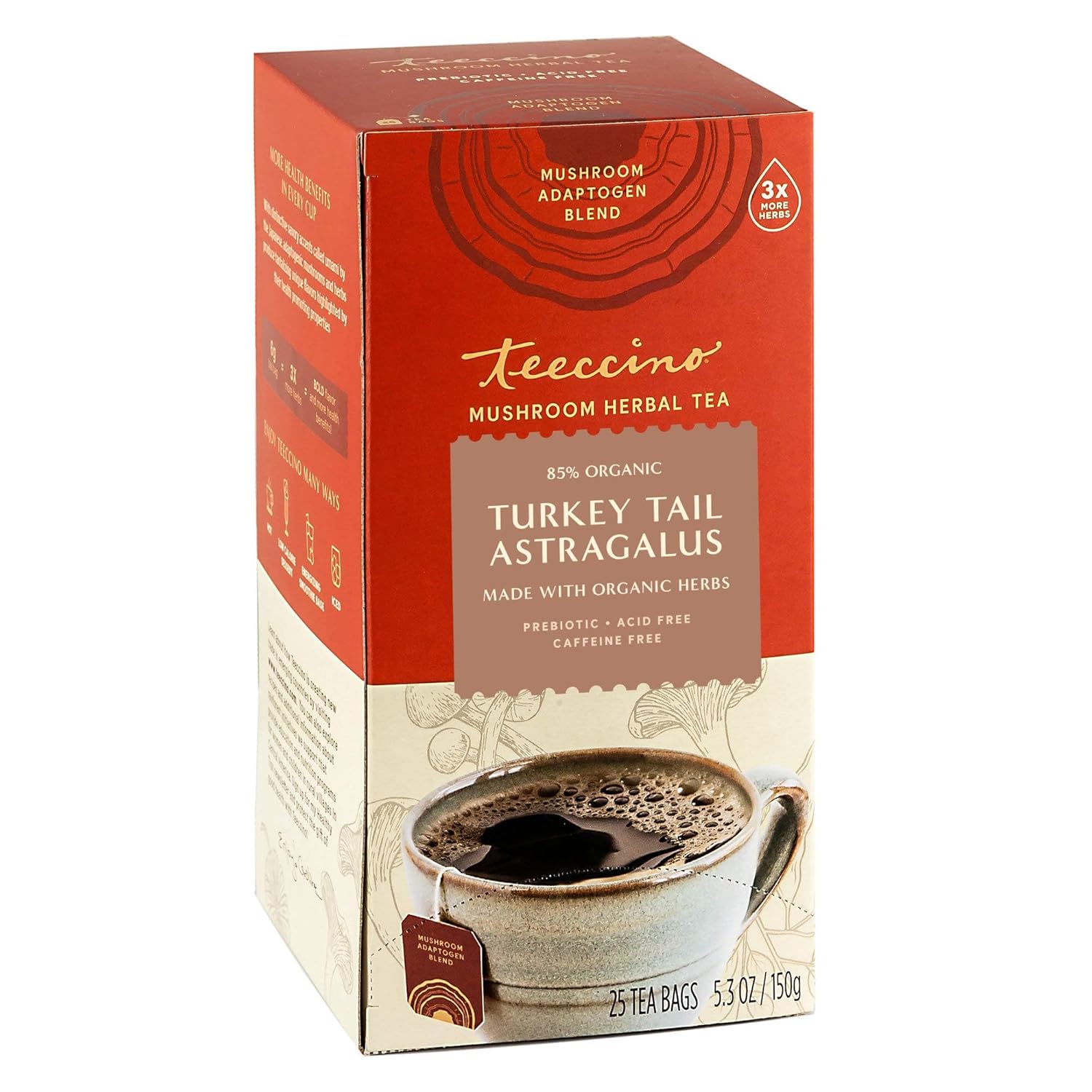 Teeccino Mushroom Herbal Tea - Turkey Tail Astragalus Toasted Maple - Caffeine Free, Prebiotic, 3x More Herbs - 25 Tea Bags, Pack of 3
