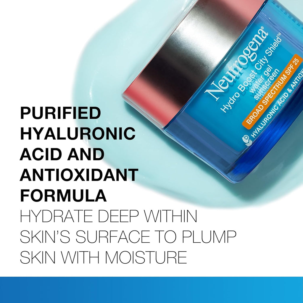 Neutrogena Hydro Boost City Shield Water Gel Face Moisturizer with Broad Spectrum SPF 25, Hydrating Facial Sunscreen with Hyaluronic Acid, Oil-Free and Non-Comedogenic Face Lotion, 1.7 oz