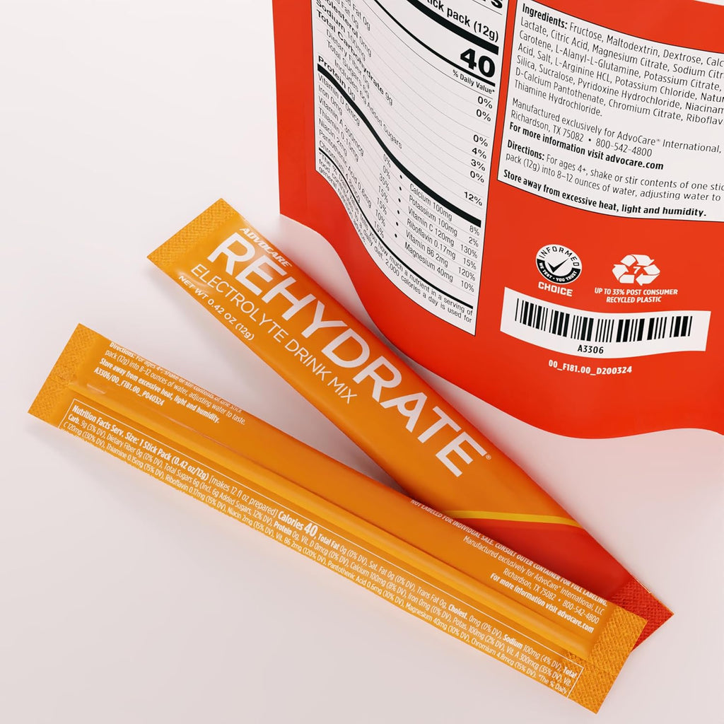AdvoCare Rehydrate - Electrolyte Drink Mix - Includes Magnesium, Sodium, Potassium & Calcium - Antioxidant & Amino Acid Fortified - Hydration & Recovery - Orange, 15 Stick Packs (6.3 oz)