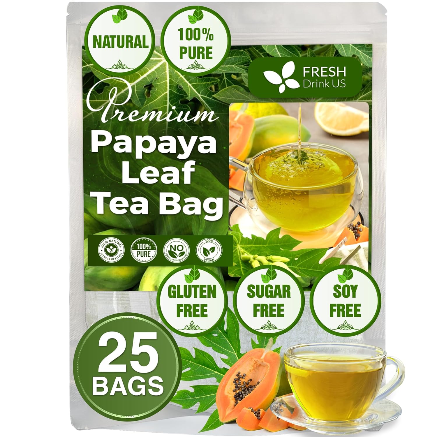 FreshDrinkUS, Premium 25 Papaya Leaf Tea Bags, 100% Natural & Pure from Papaya Leaves. Loose Leaf Papaya Herbal Tea. Made with Natural Material Tea Bags. No Sugar, No Caffeine, No Gluten, Vegan.