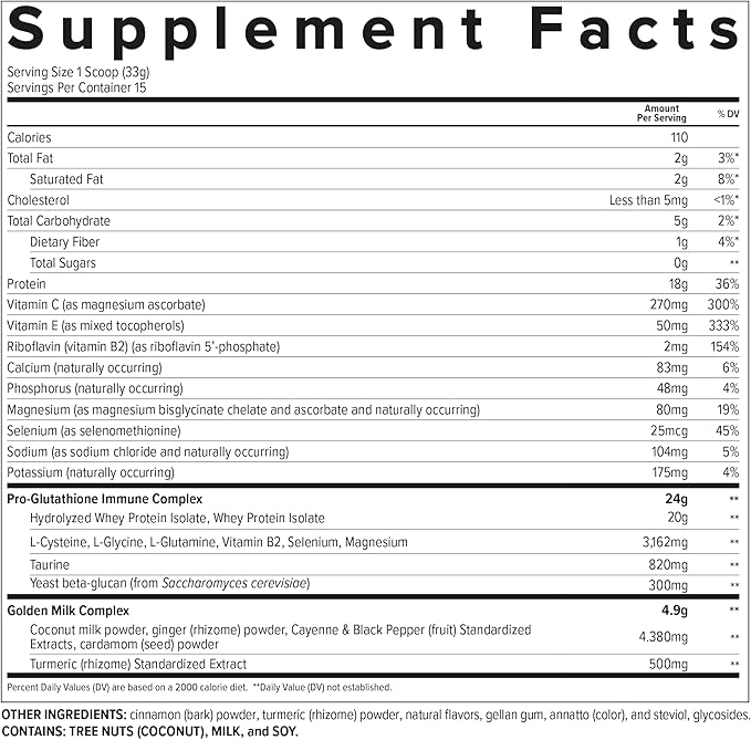 Essential Nutrition Immuno Whey - Hydrolyzed Whey Protein Powder, Whey Protein Isolate, 18g Protein Per Serving, Amino Acids, Glutathione Production - Turmeric Extract - Golden Milk - 17.4oz