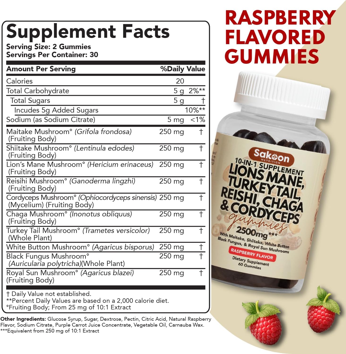 Sakoon nutrition Lions Mane Mushroom Gummies with Turkey Tail, Reishi & More, 2500mg, 60 Count, Raspberry Flavored