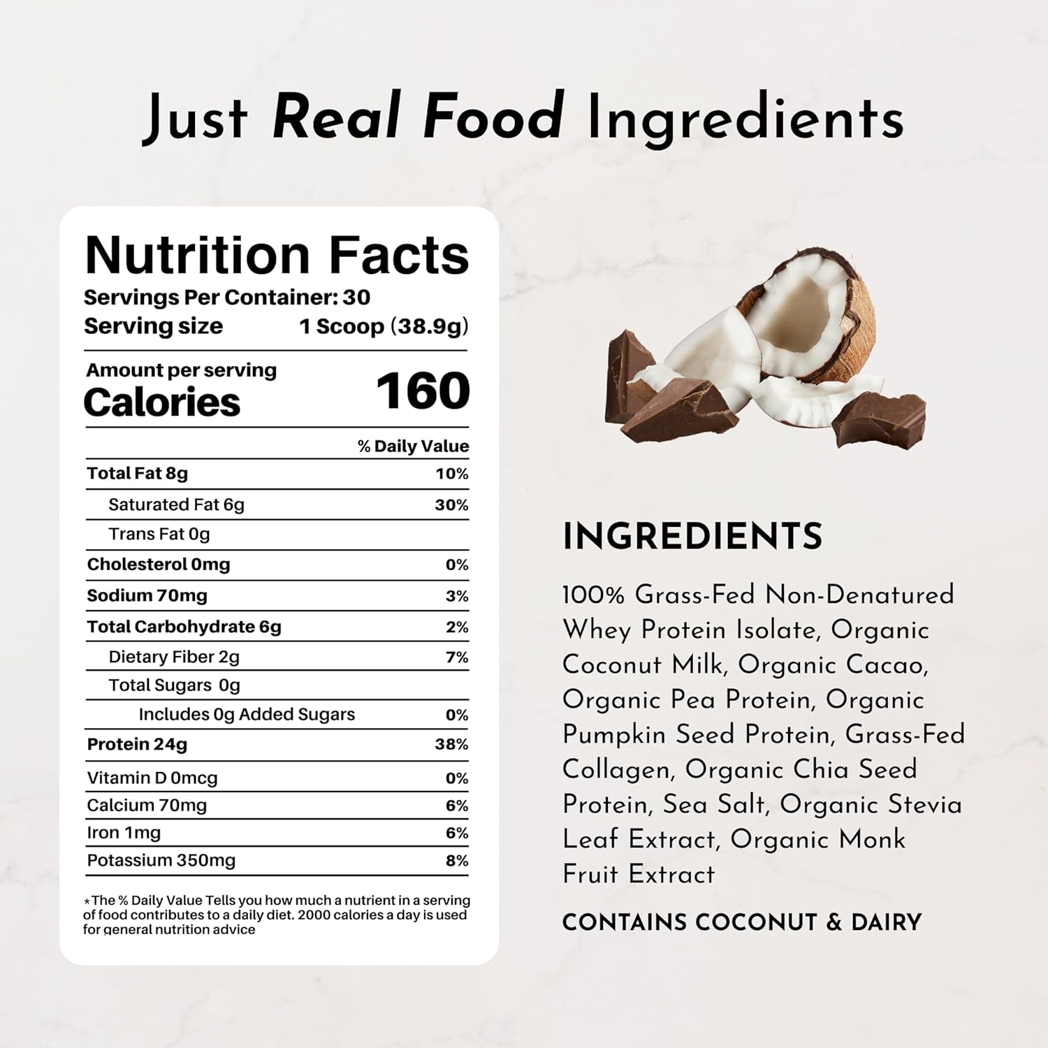 JUST INGREDIENTS Coconut Chocolate Protein Powder – 30-Serving Blend with 100% Grass-Fed Whey & Organic Plant Proteins – Creamy Coconut Cocoa Flavor – Supports Muscle Recovery, Energy*