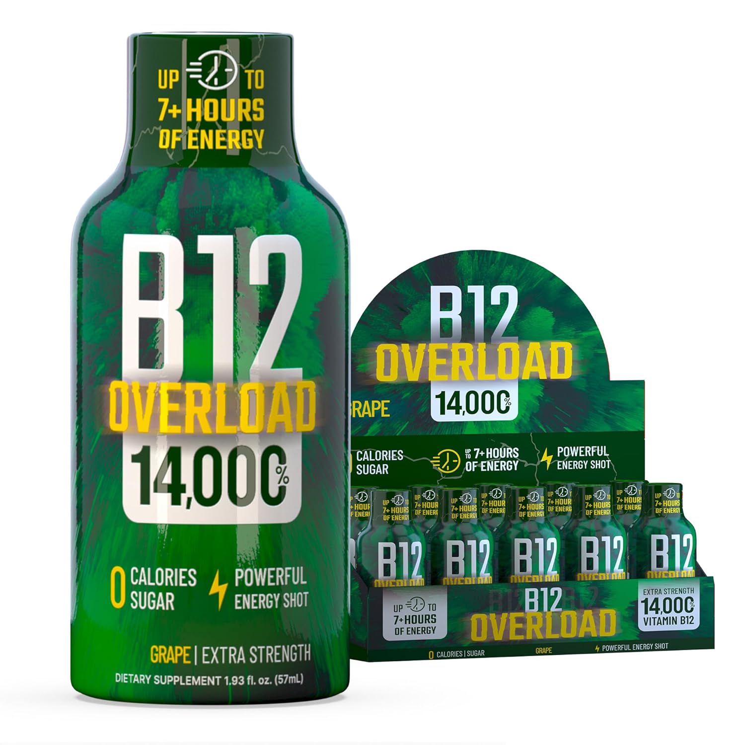 B12 Overload Extra Strength Energy Shot – Grape – 260mg Caffeine, 14000% B12, Electrolytes – Energy & Vitality Support – Zero Sugar No Calories – Vegan, Kosher, Gluten-Free – 1.93 fl oz, 10-Pack