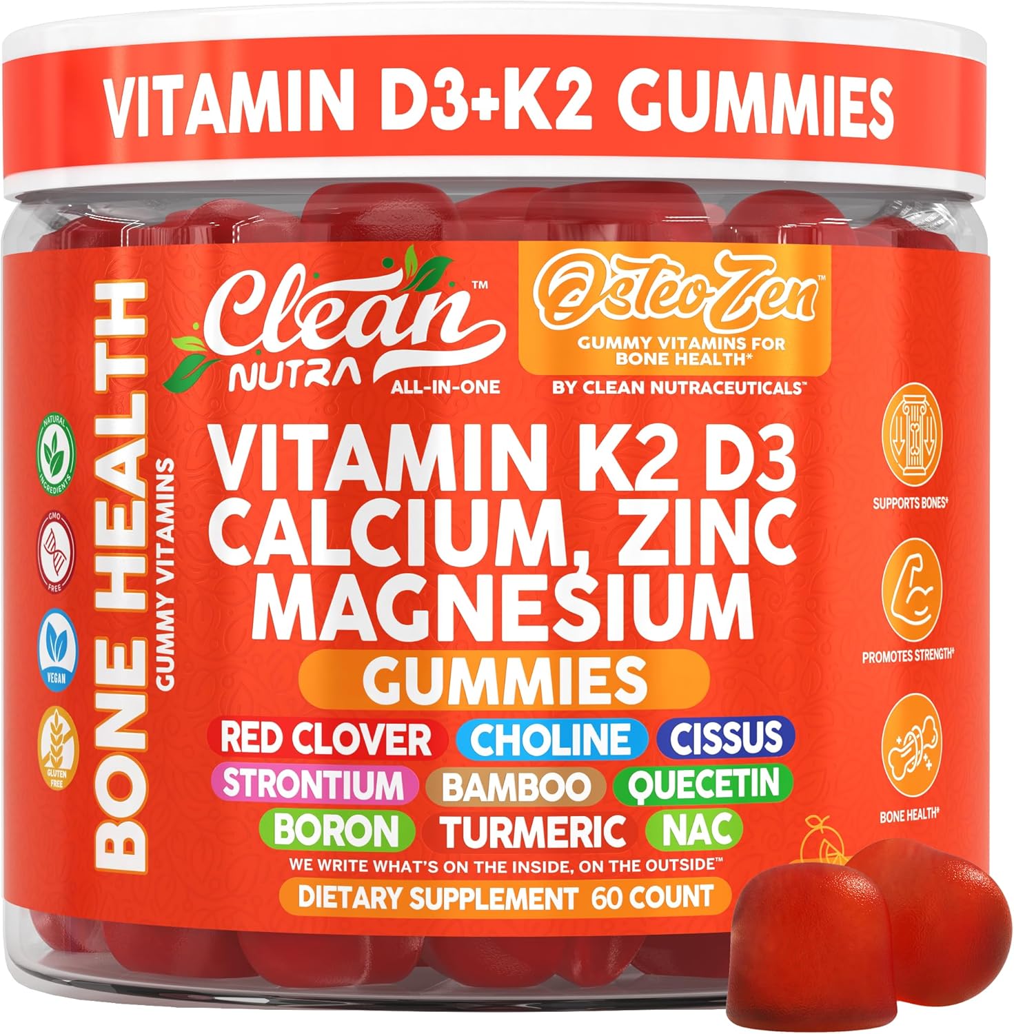 Osteo Zen Vitamin D3 K2 Gummies Bone Support Magnesium Zinc Calcium Quercetin Boron Choline Red Clover Turmeric 60 Count Tangerine Tang Flavor for Skeletal Strength & Resilience by Clean Nutra