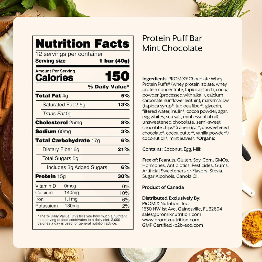 ProMix Protein Puff Bars, 12-Pack - Mint Chocolate- Marshmallow Crispy Treat - Great Tasting & Healthy On The Go Snack - High Protein & Low Calorie - Non-GMO & Free From Gluten, Soy, & Corn