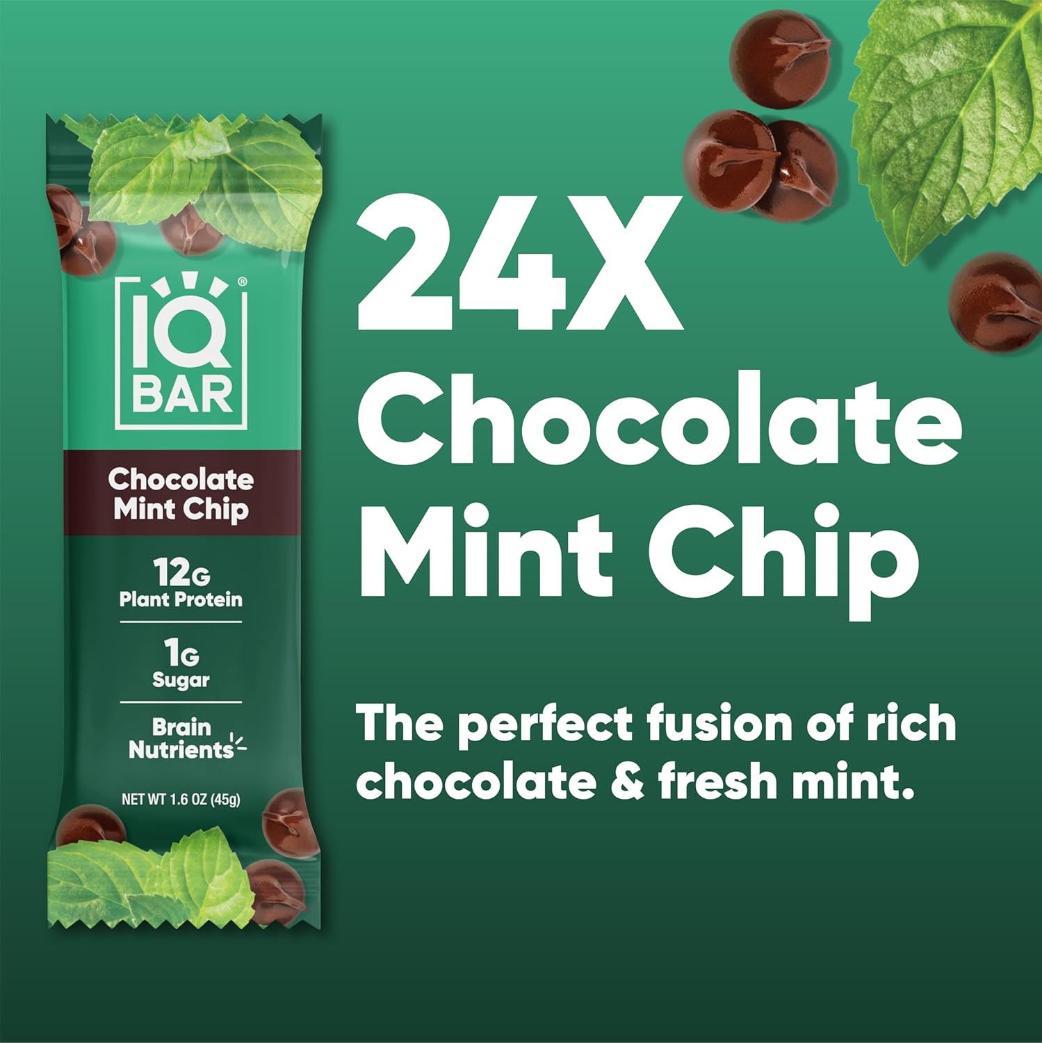 IQBAR Brain and Body Plant Protein Bars - Chocolate Mint Chip - 24-Count - Keto, Vegan, Low Carb, High Fiber, Gluten Free, Dairy Free, Low Sugar Snack with Nutrients for Focus, Energy, Meal Replacement