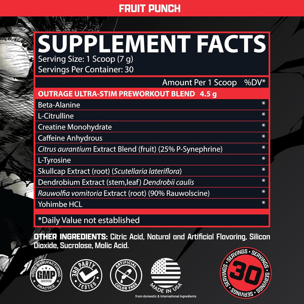 Outrage Ultra HIGH STIM Pre-Workout Powder for Men Fruit Punch | 400mg Caffeine, L-Citrulline, Beta-Alanine, Creatine | Extreme Energy, Focus, Strength & Endurance | 30 Servings