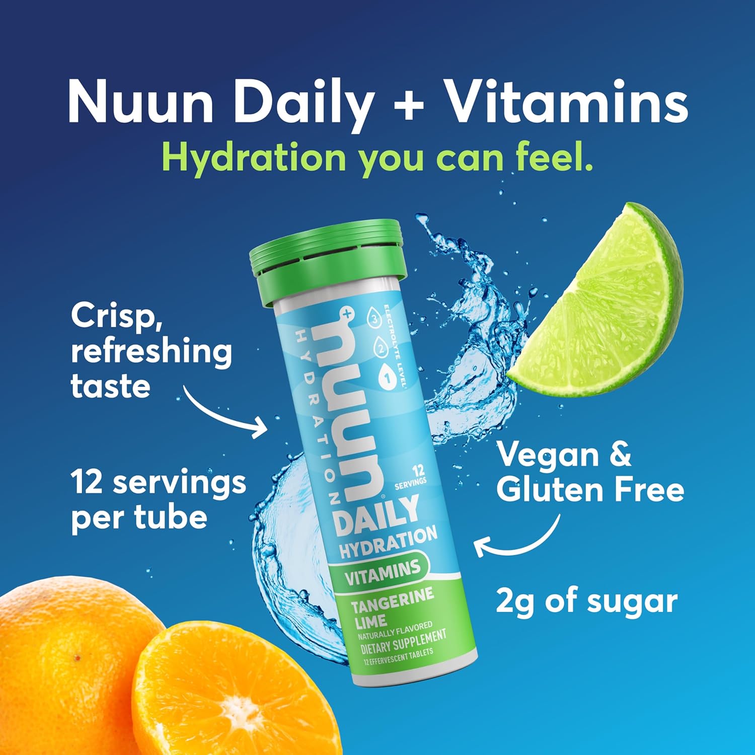 Nuun Vitamins Electrolyte Tablets with Vitamin D, C, E, A, & B6, Folic Acid, Magnesium & 4 Other Essential Electrolytes, Gluten Free & Vegan, Tangerine Lime, 8 Pack (96 Servings Total)