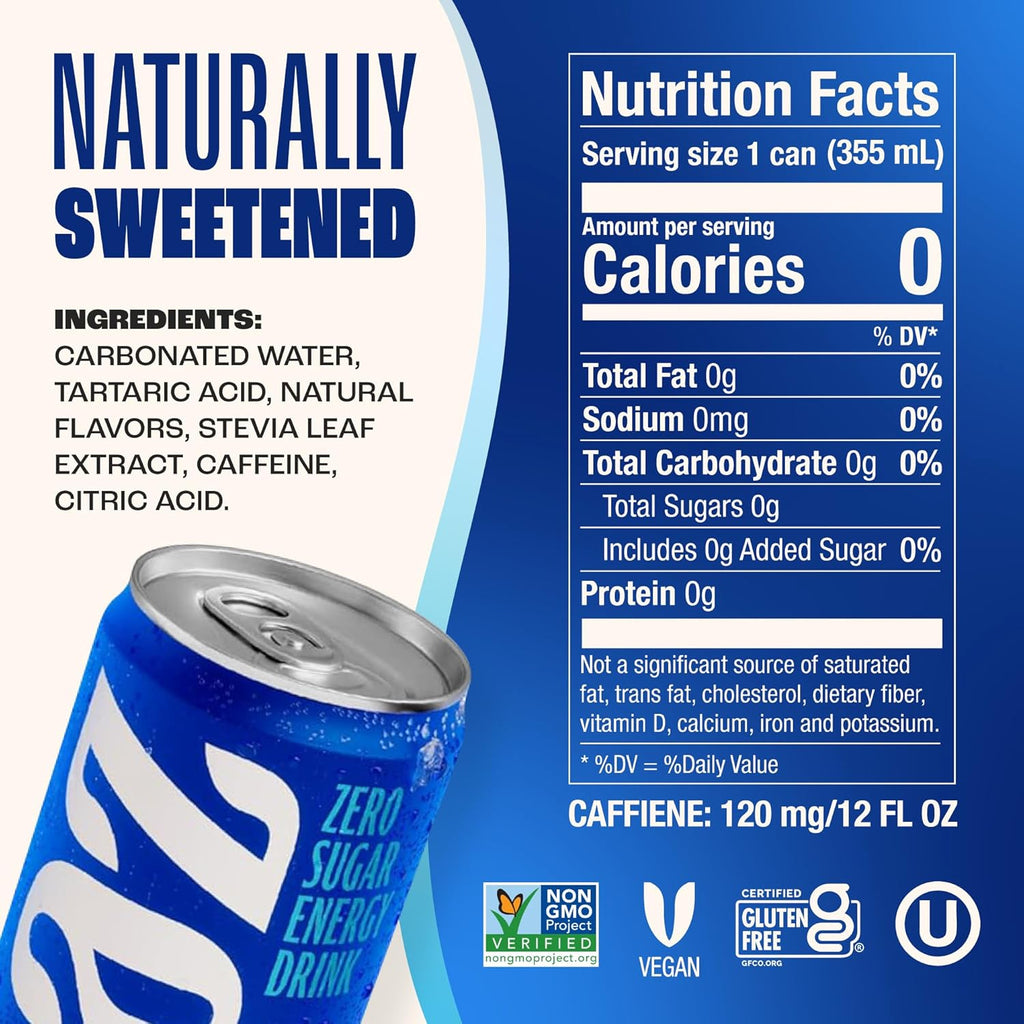 Zevia Zero Sugar Energy Drink, Kola, 12 oz Cans (12-Pack) – Naturally Sweetened, Non-GMO Project Verified, Gluten-Free, Vegan