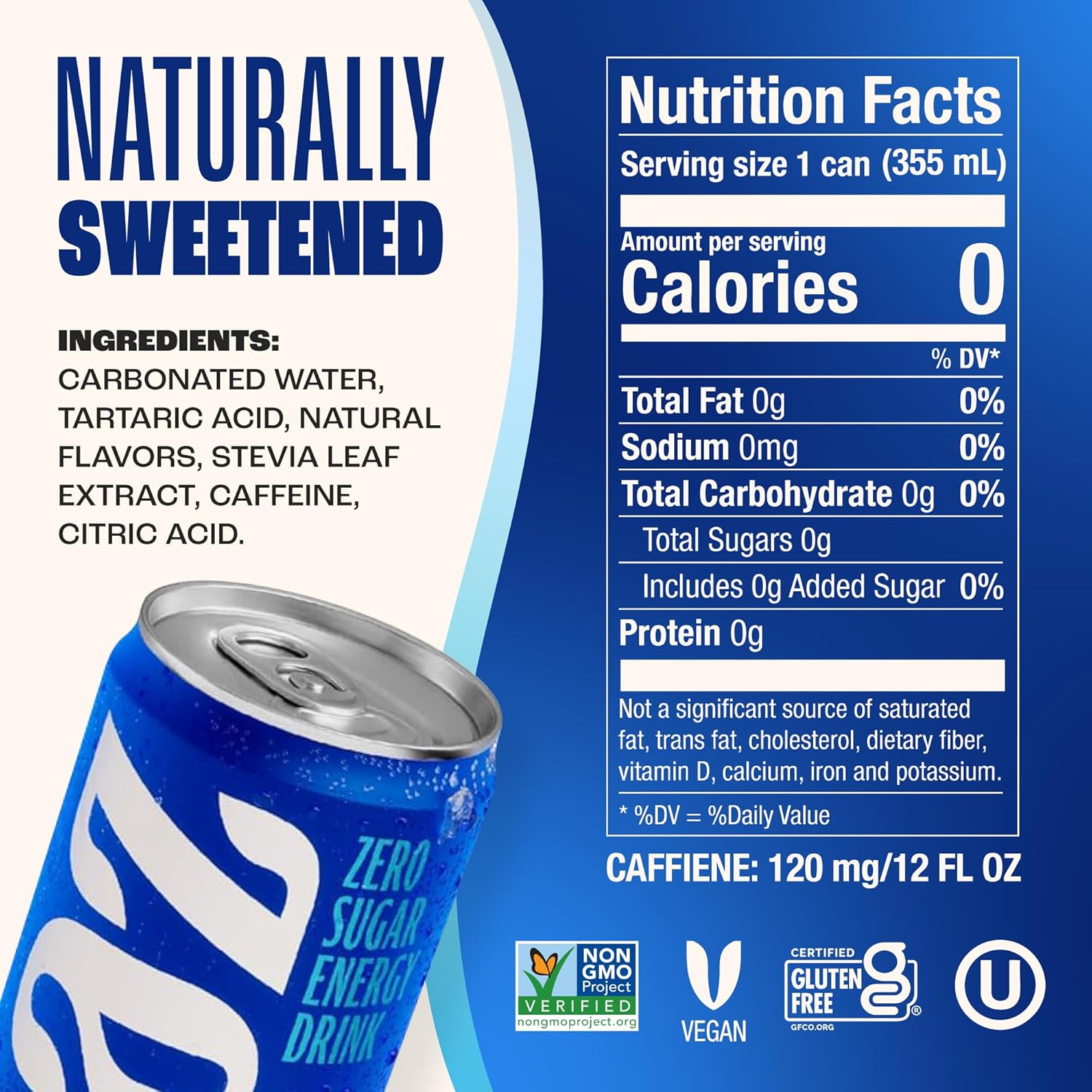 Zevia Zero Sugar Energy Drink, Kola, 12 oz Cans (12-Pack) – Naturally Sweetened, Non-GMO Project Verified, Gluten-Free, Vegan