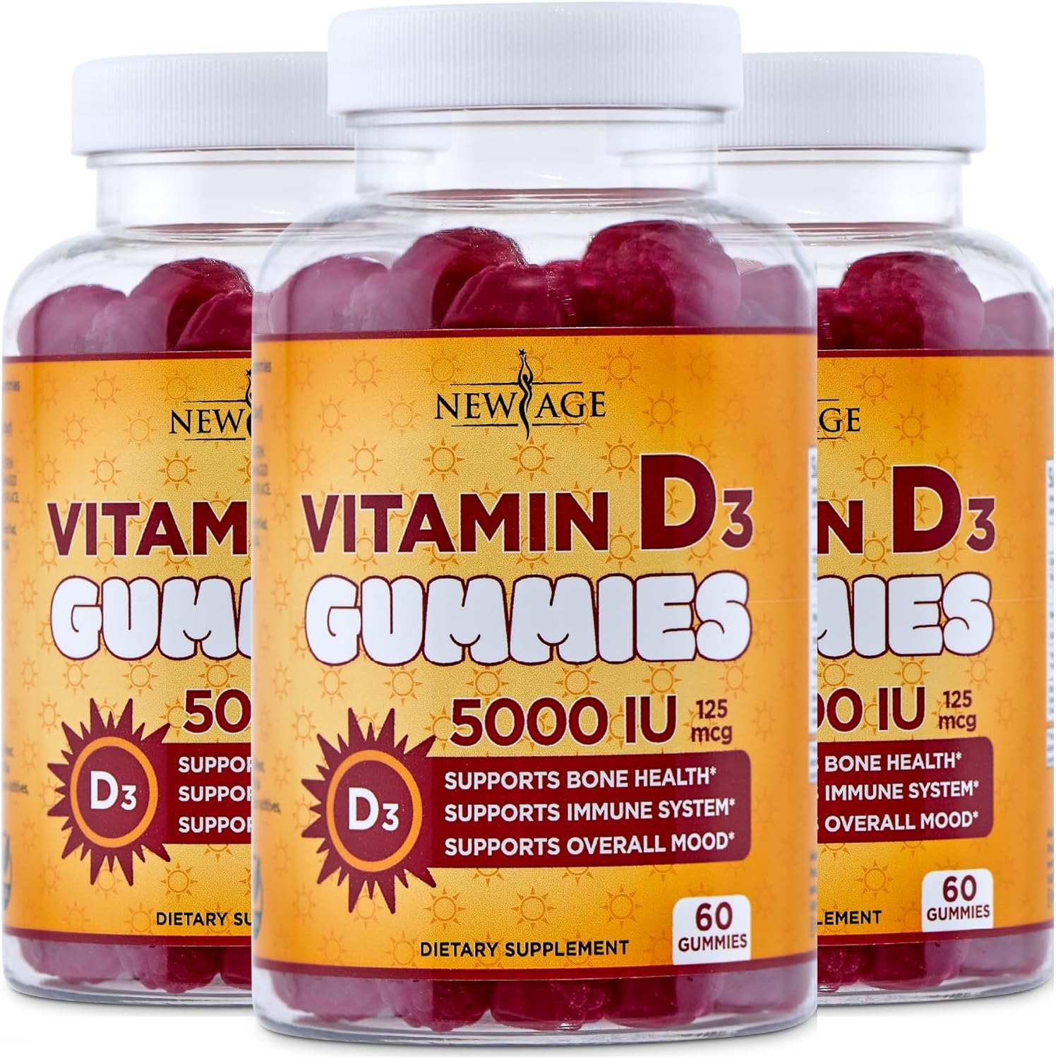 NEW AGE Vitamin D3 5000 IU 125mcg Gummies - Support Immune Support, Strong Bone Health - Non-GMO, Gluten-Free, Dairy-Free, No Gelatin (180 Gummies (Pack of 3))