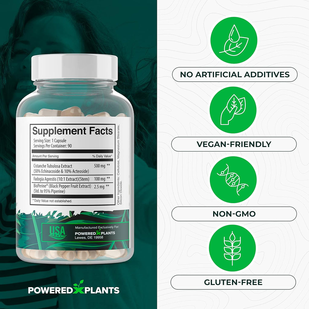 Cistanche Tubulosa with Fadogia Agrestis - Promotes Vitality - Natural Supplements for Men & Women with Bioperine by Powered X Plants, 90 Servings