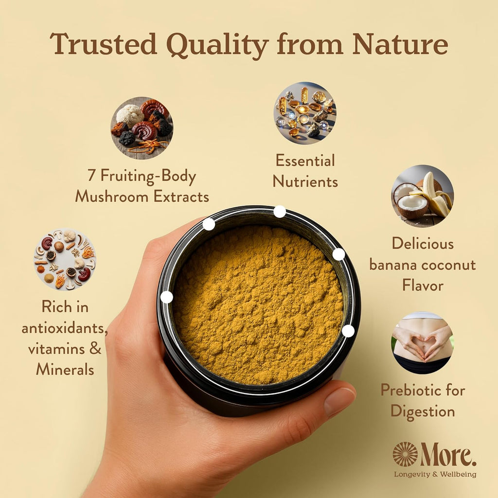 More. Longevity & Wellbeing Mushroom Superfood Blend with Natural Caffeine – 7 Functional Mushrooms with Lion’s Mane Supplement, Reishi, Chaga & Ashwagandha Extract , Instant Mushroom Supplement for Energy & Focus – Coconut Banana