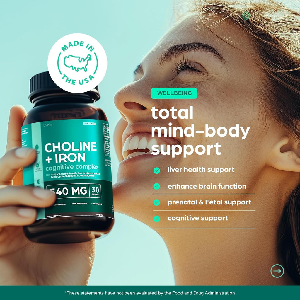 Choline 500mg Prenatal Supplement with Iron 40mg – Prenatal Vitamins for Women – Pregnancy Brain, Memory & Cognitive Support – Ferrous Fumarate, Vegan – 30 Servings