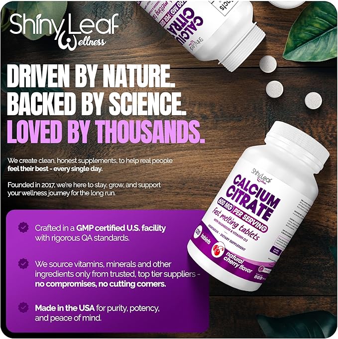Shiny Leaf Calcium Citrate 600mg with Vitamin D3 & Magnesium - Fast Melting Bariatric Calcium for Post Surgery - Smooth Dissolving, Non-Chalky Alternative to Chewable Chews - Cherry, 120 Ct