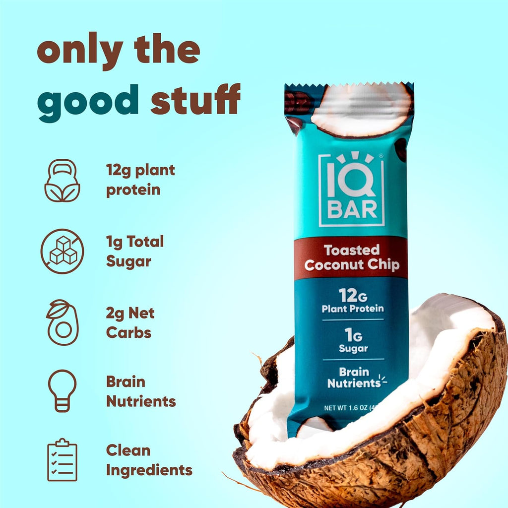 IQBAR Brain and Body Plant Protein Bars - Toasted Coconut Chip - 24-Count Low Carb - Gluten Free, High Fiber, Vegan Snacks - Low Sugar Meal Replacement