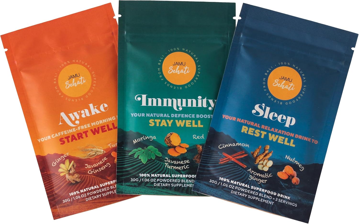 JAMUSEHATI, Variety Pack, Natural Superfoods Blend from Bali, Containing Awake, Immunity and Sleep, Pack of 3 Sachets
