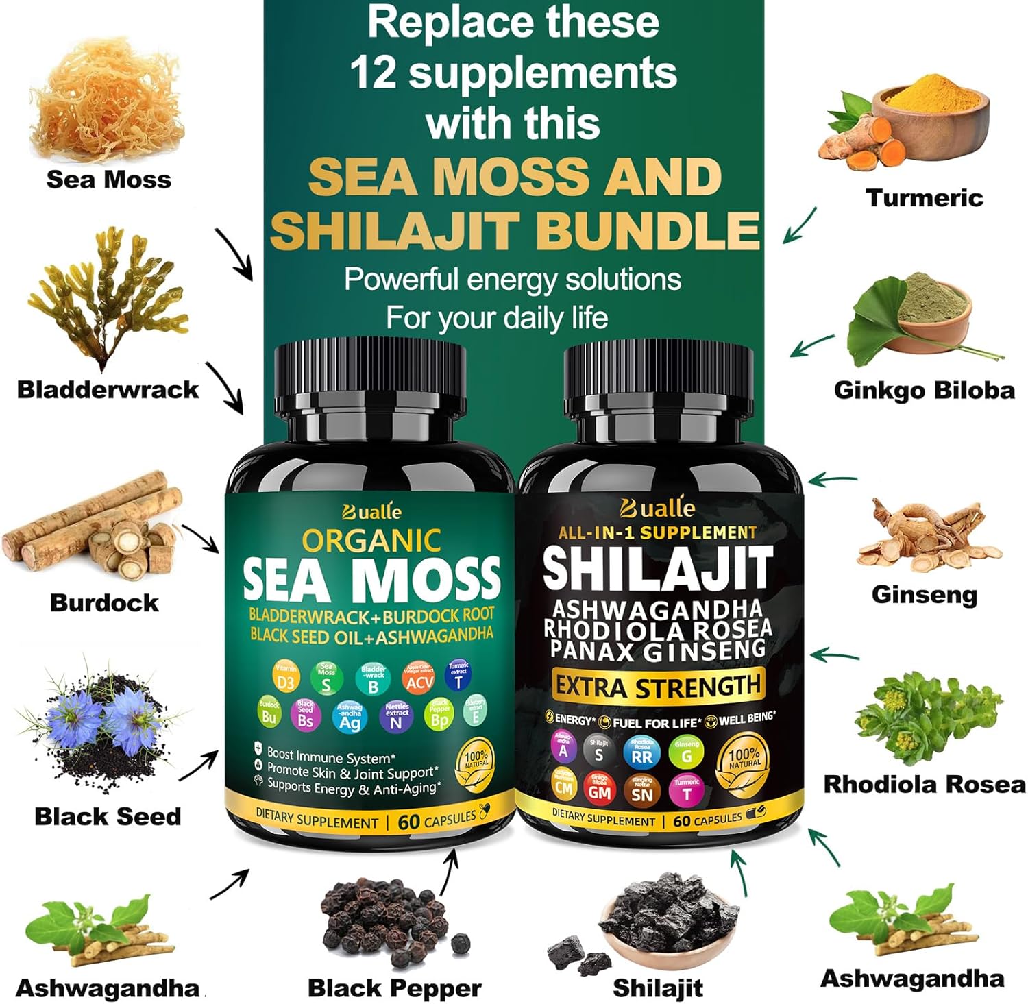 Bualle Sea Moss and Shilajit Bundle-Sea Moss 300mg,Black Seed Oil 100mg,Ashwagandha 50mg,Ginger & Shilajit 300mg,Rhodiola Rosea 100mg,Panax Ginseng 50mg,All in 1 Supplements-USA Made(2 Pack)