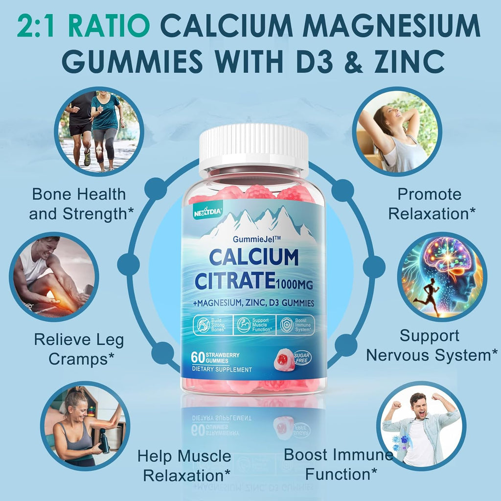 Calcium Citrate 1000mg, Calcium Gummies with Calcium & Magnesium 2:1 Ratio, Plus Vitamin D3, Zinc, B6 & Potassium – High Absorbable Calcium Chewable, Bone & Muscle Support, Vegan, Sugar-Free, 120Cts