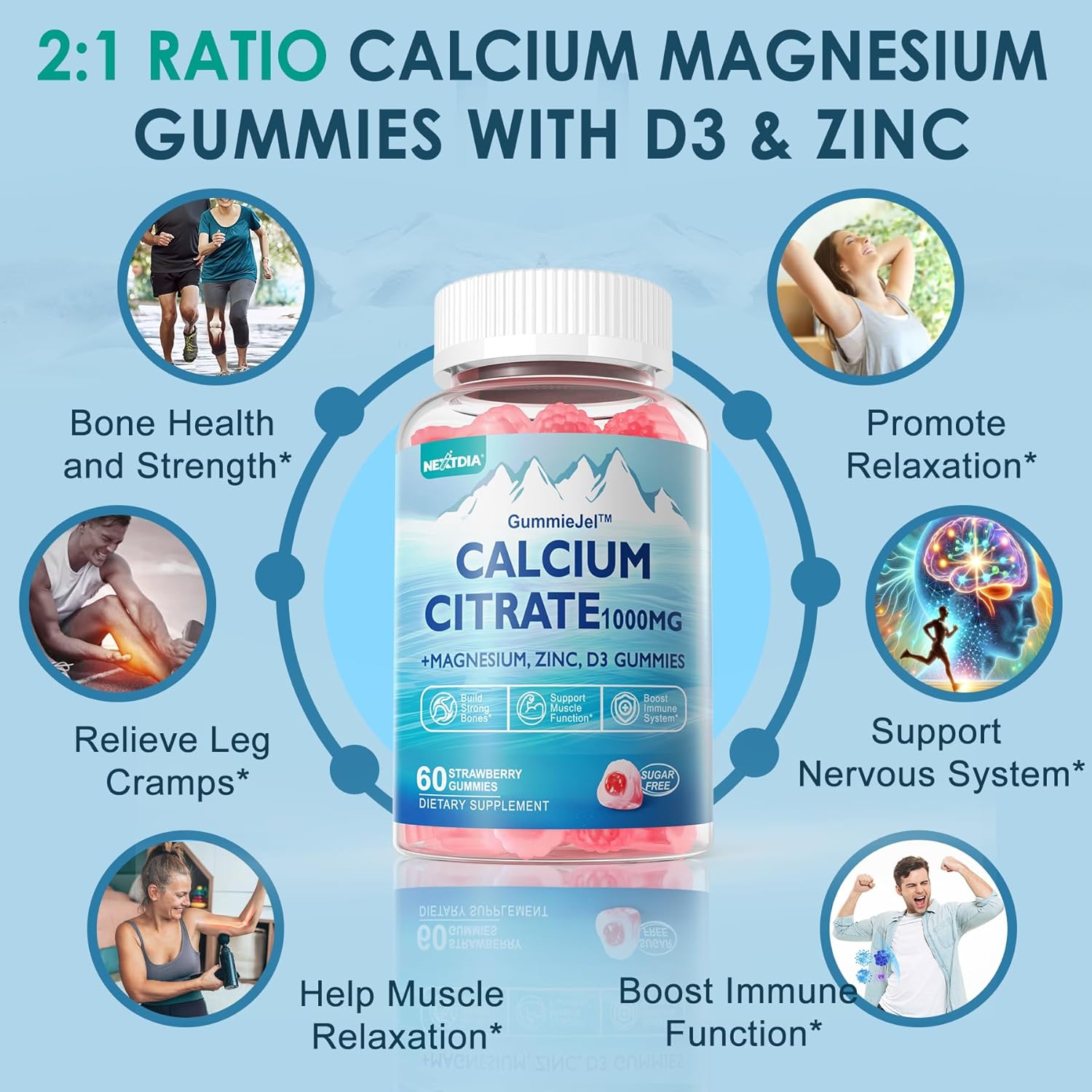 Calcium Citrate 1000mg, Calcium Gummies with Calcium & Magnesium 2:1 Ratio, Plus Vitamin D3, Zinc, B6 & Potassium – High Absorbable Calcium Chewable, Bone & Muscle Support, Vegan, Sugar-Free, 120Cts