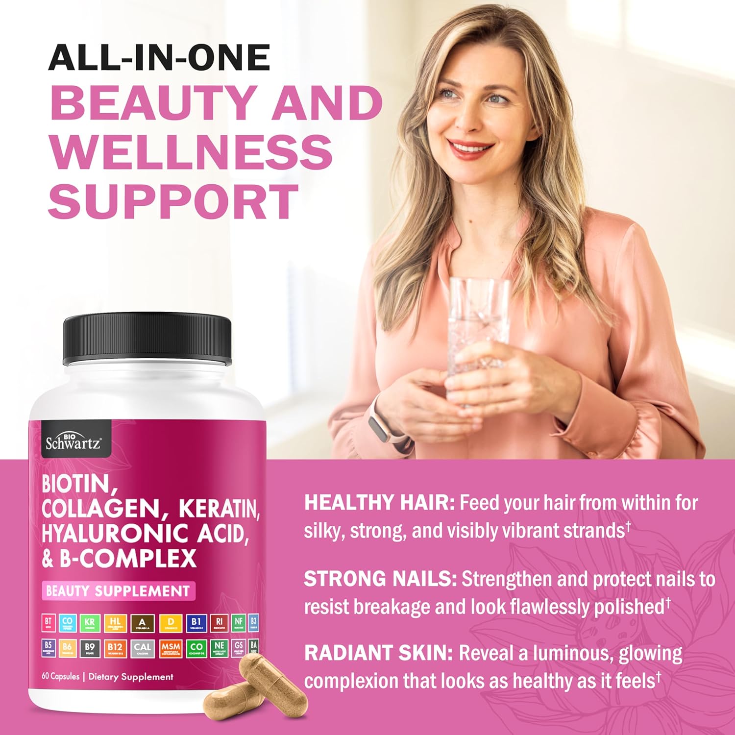 BioSchwartz Biotin Collagen Keratin Supplement - Hair Vitamins for Women - 10000mcg Biotin with Hyaluronic Acid & B Complex - Non-GMO 60 Capsules Beauty Supplement - Hair and Nails Vitamins for Women