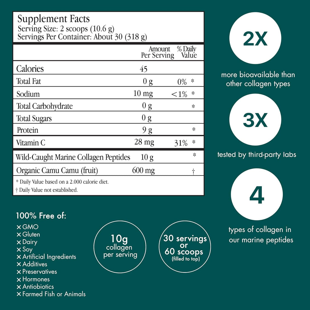 ENSANTE Clinically Backed Premium Marine Collagen Peptides Powder Unflavored, Type I II III IV Collagen for Skin Hair Nail Joint, Wild Deep Sea Collagen with Organic Camu Camu Vitamin C, Lab Tested