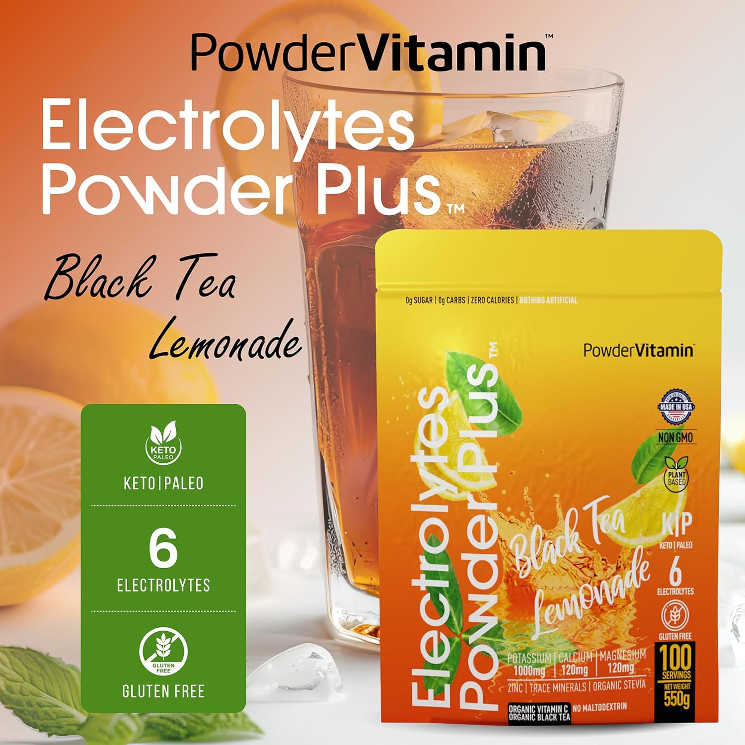 PowderVitamin Electrolytes Powder Plus (100 Servings) Black Tea Lemonade Electrolyte Powder Zero Calorie Keto,0 Sugar, No Maltodextrin,1000mg Potassium,120mg Calcium,120mg Magnesium, Hydration Powder