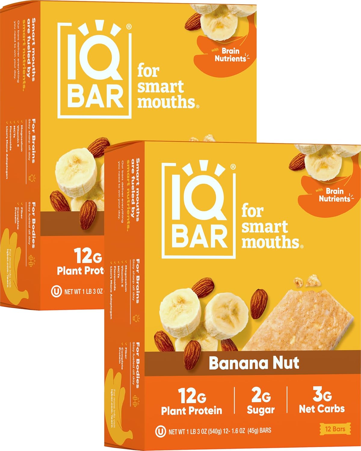 IQBAR Brain and Body Plant Protein Bars - Banana Nut - 24-Count - Keto, Vegan, Low Carb, High Fiber, Gluten Free, Dairy Free, Low Sugar Snack with Nutrients for Focus, Energy, Meal Replacement