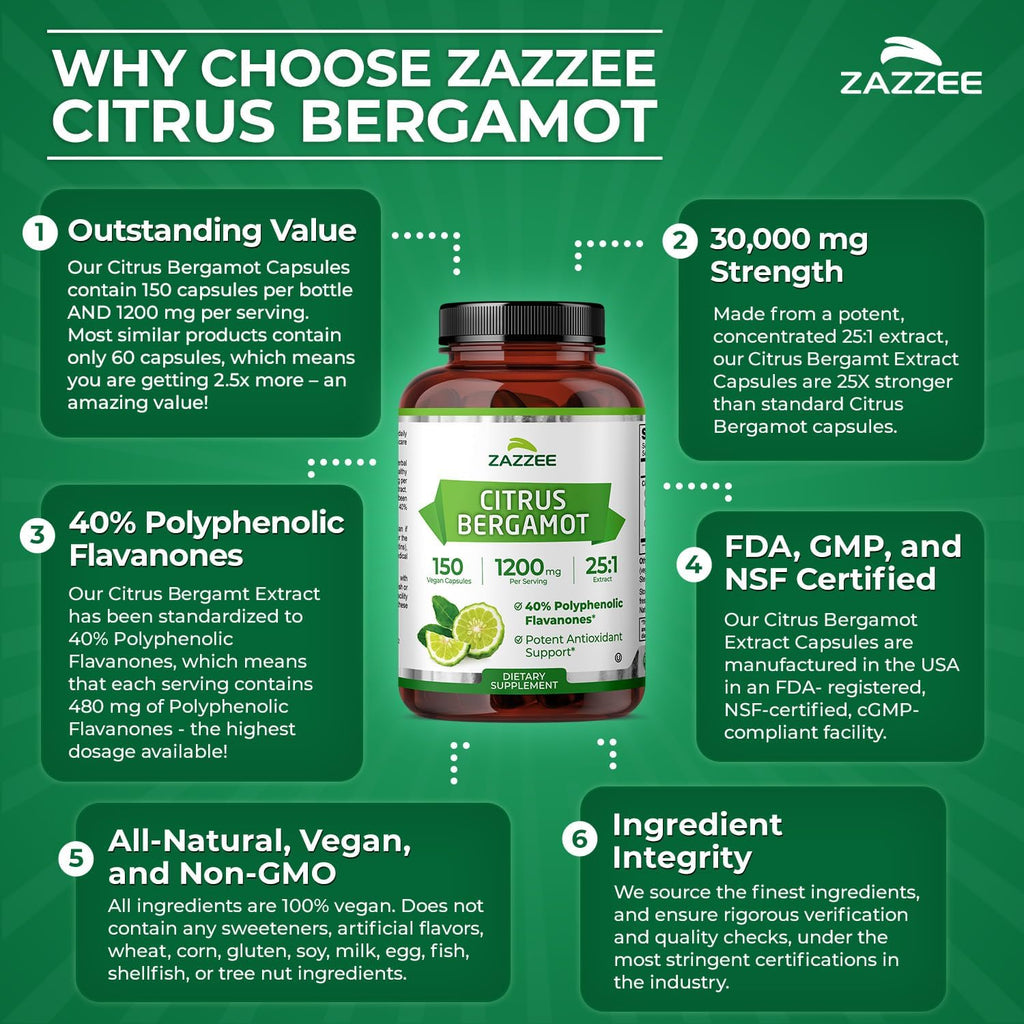 Zazzee Citrus Bergamot 25:1 Extract 1200 mg, 40% Polyphenolic Flavanones, 150 Vegan Capsules, Kosher, Concentrated and Standardized 25X Potency, Non-GMO and All-Natural, Made in The USA