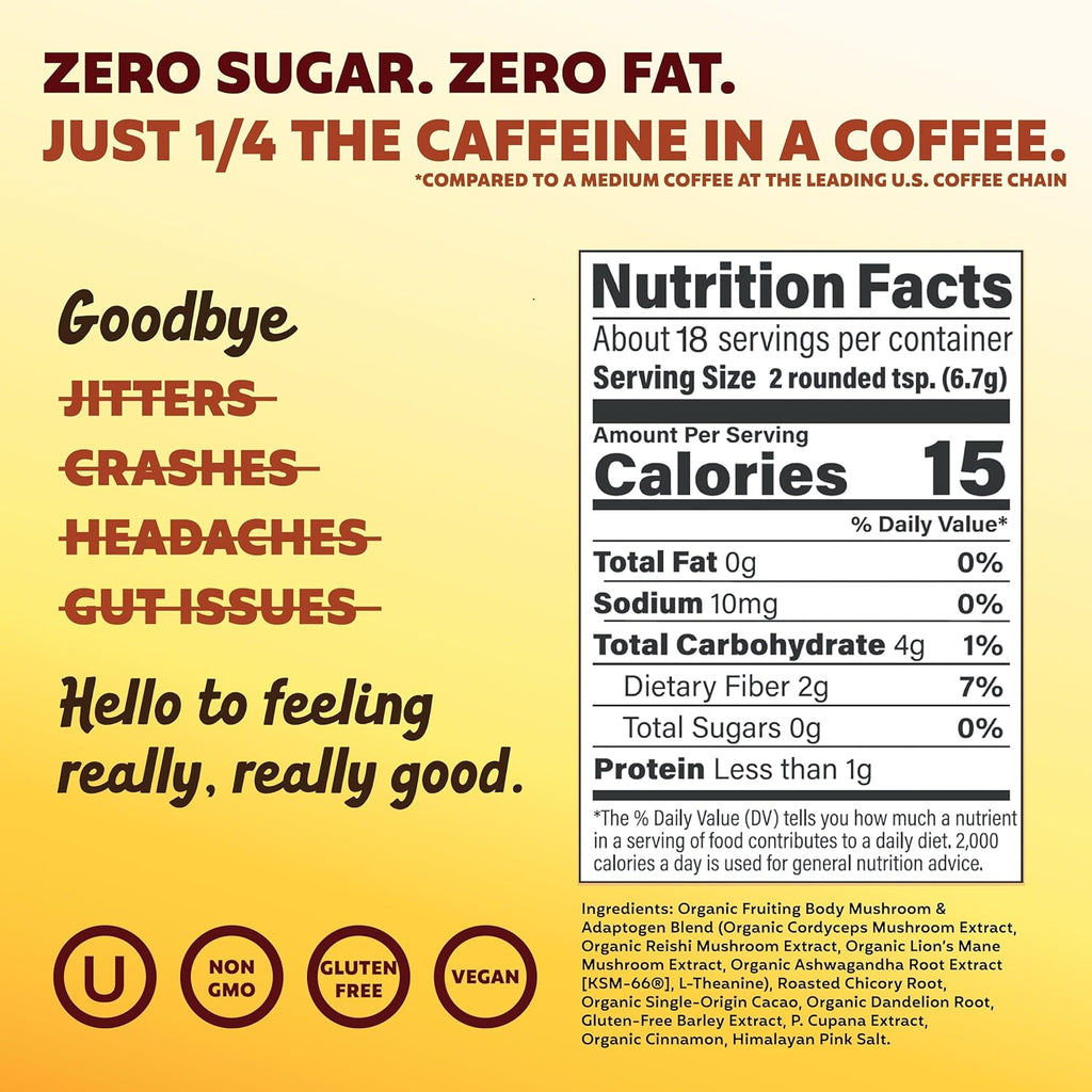 Joey Mushroom Coffee Alternative with Cacao Dandelion Root, and Chicory, Instant Mushroom Coffee Substitute with Superfoods, Vegan Gluten-Free Energy Drink for Focus and Calm, 18 Servings