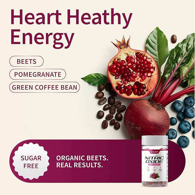 Snap Supplements Nitric Oxide Beet Root Gummies – Beet Root Supplement with Pomegranate Powder Supports Healthy Circulation & Natural Energy, 60 Sugar-Free Gummies (1 Month Supply), Cherry