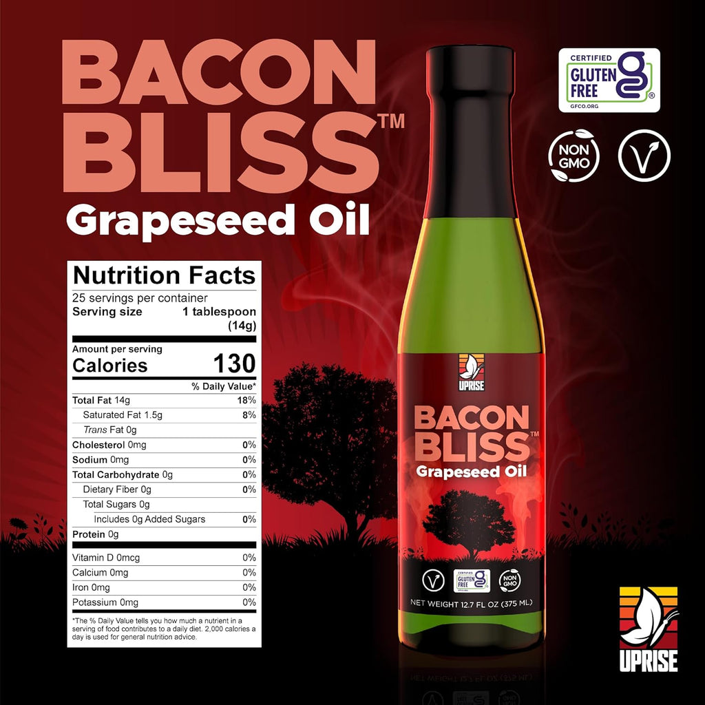 Bacon Bliss Grapeseed Oil – 12.7 oz Glass Bottle | Bacon Flavored Cooking Oil for Popcorn, Vegetables, and Pasta | Plant-Based Alternative with High Smoke Point | Organic, Gluten-Free, Vegan