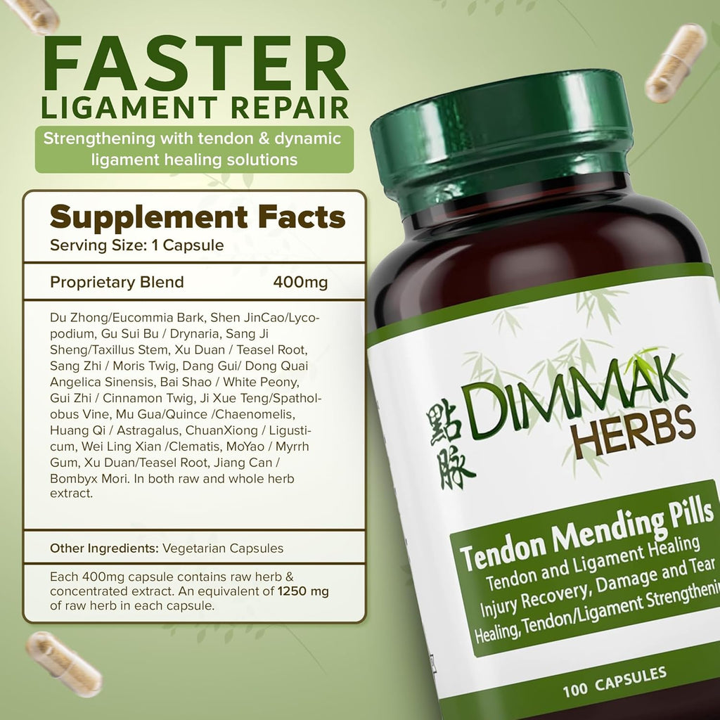 Certified Organic Tendon Mending Pills: Tendon and Ligament Regeneration and Repair. Chronic or Acute by Dimmak Herbs - 100 Caps 500mg