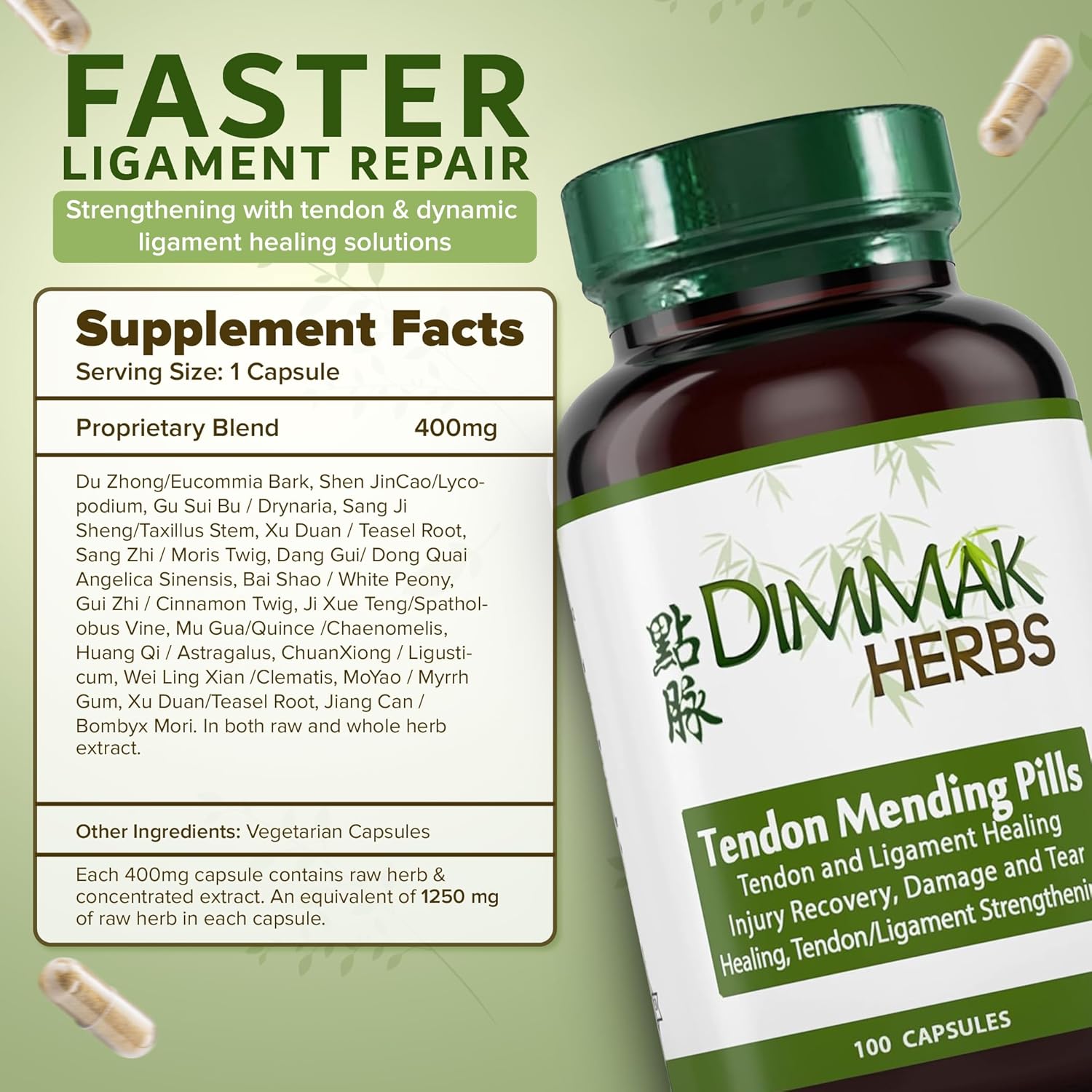 Certified Organic Tendon Mending Pills: Tendon and Ligament Regeneration and Repair. Chronic or Acute by Dimmak Herbs - 100 Caps 500mg