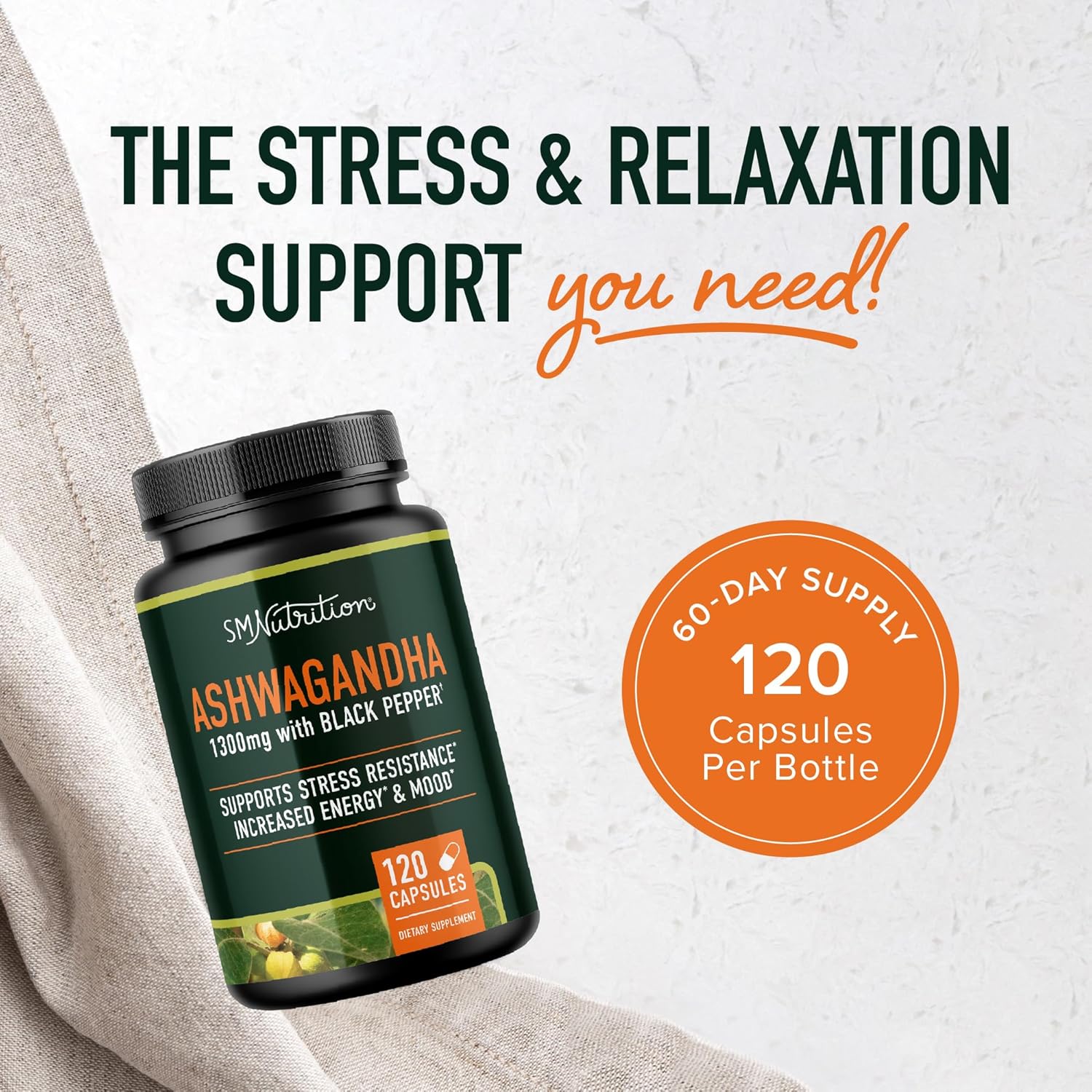 Ashwagandha Supplement 1300mg for Stress Resistance & Energy Boost | High Absorption Adaptogen from Root Powder with Black Pepper | Stress-Related Fatigue Support | Non-GMO | 120ct, 2-Month Supply