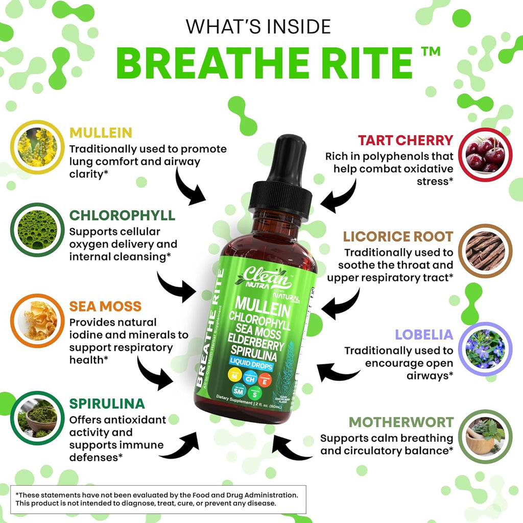 Clean Nutra Mullein Drops for Lungs Organic Chlorophyll Liquid Irish Sea Moss, Spirulina, Licorice, Tart Cherry Lobelia, Motherwort & Elderberry Mullein Leaf Extract Tincture Men Women Supplement