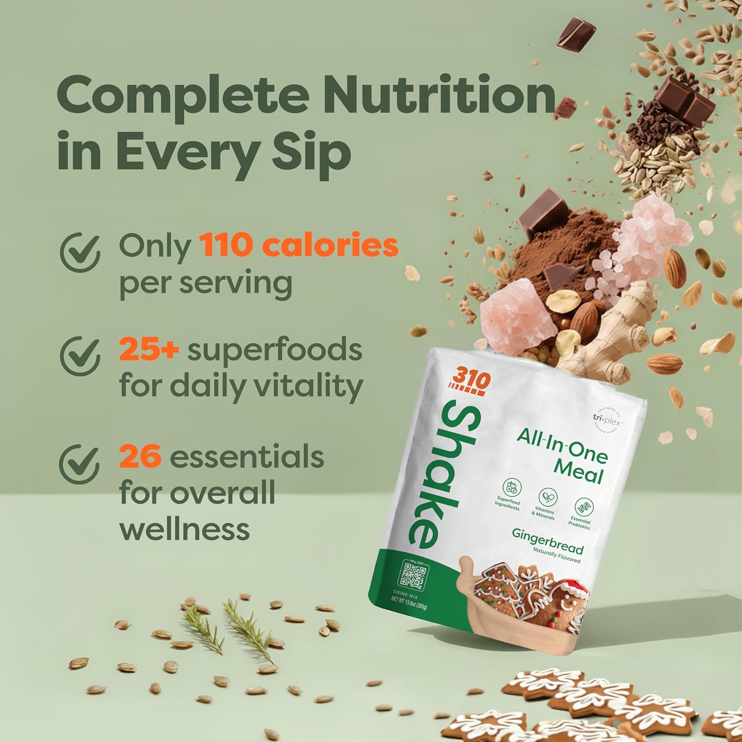 310 Nutrition All-In-One Meal Replacement Shake - Plant-Based Protein Powder with High Fiber, Probiotics, Digestive Enzymes & Superfoods - Vegan, Low Carb, Keto & Paleo Friendly - Gingerbread - 28 Servings