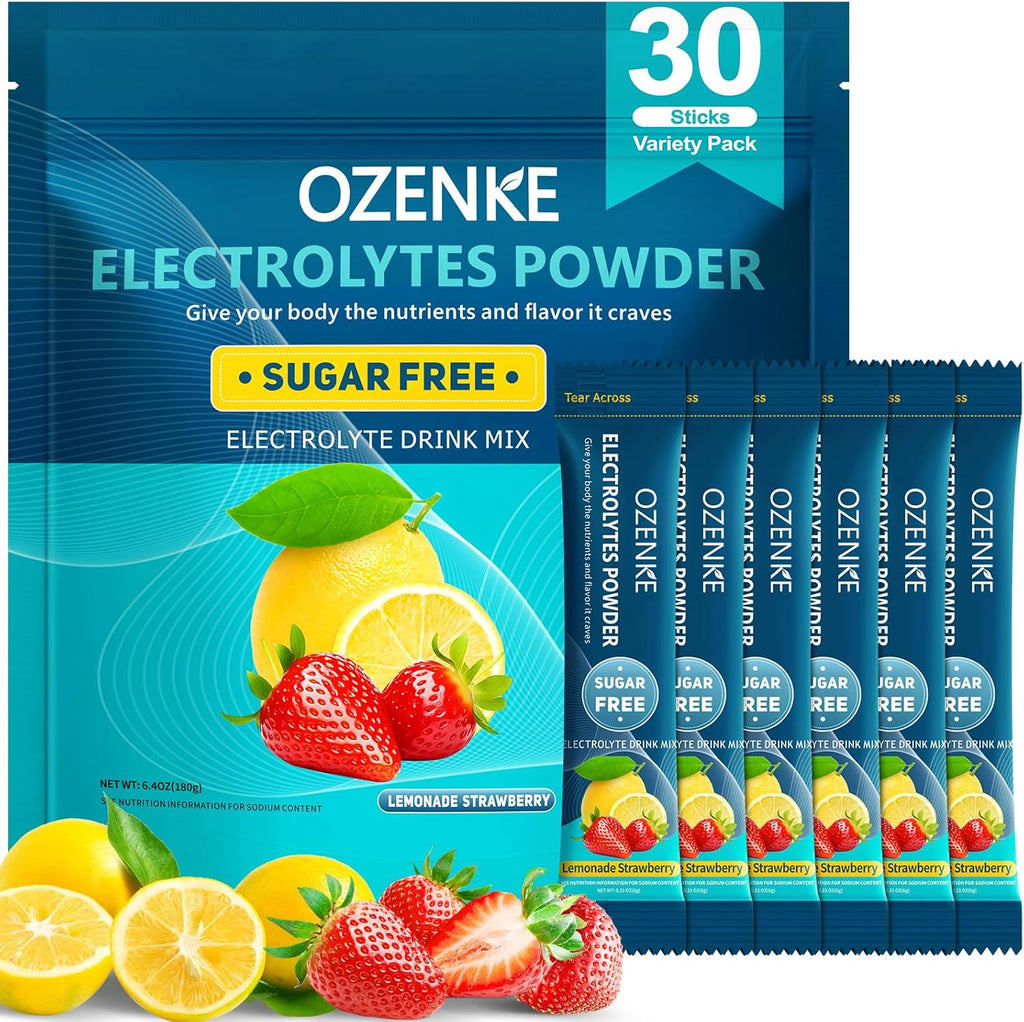 Electrolytes Powder Packets, 30 Sticks Hydration Packets Sugar Free, Electrolyte Drink Mix Portable Electrolyte Packets for Rapid Hydration, 0 Sugar & 0 Calorie, Lemon & Strawberry Flavor