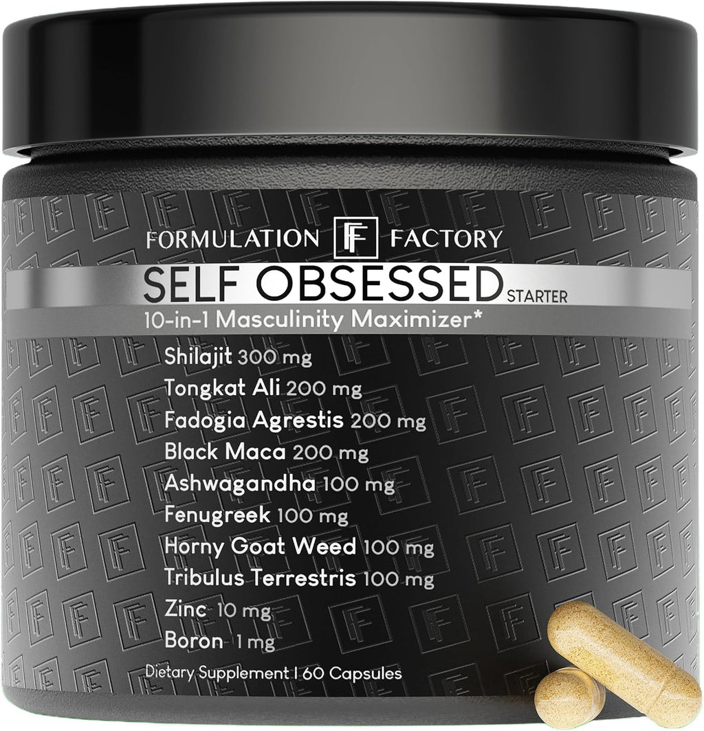 Formulation Factory Self Obsessed Starter 10-in-1 Masculinity Maximizer Supplement for Men with Shilajit, Tongkat Ali, Ashwagandha, Fenugreek to Support Muscle, Drive, Strength 60 Count (Pack of 1)